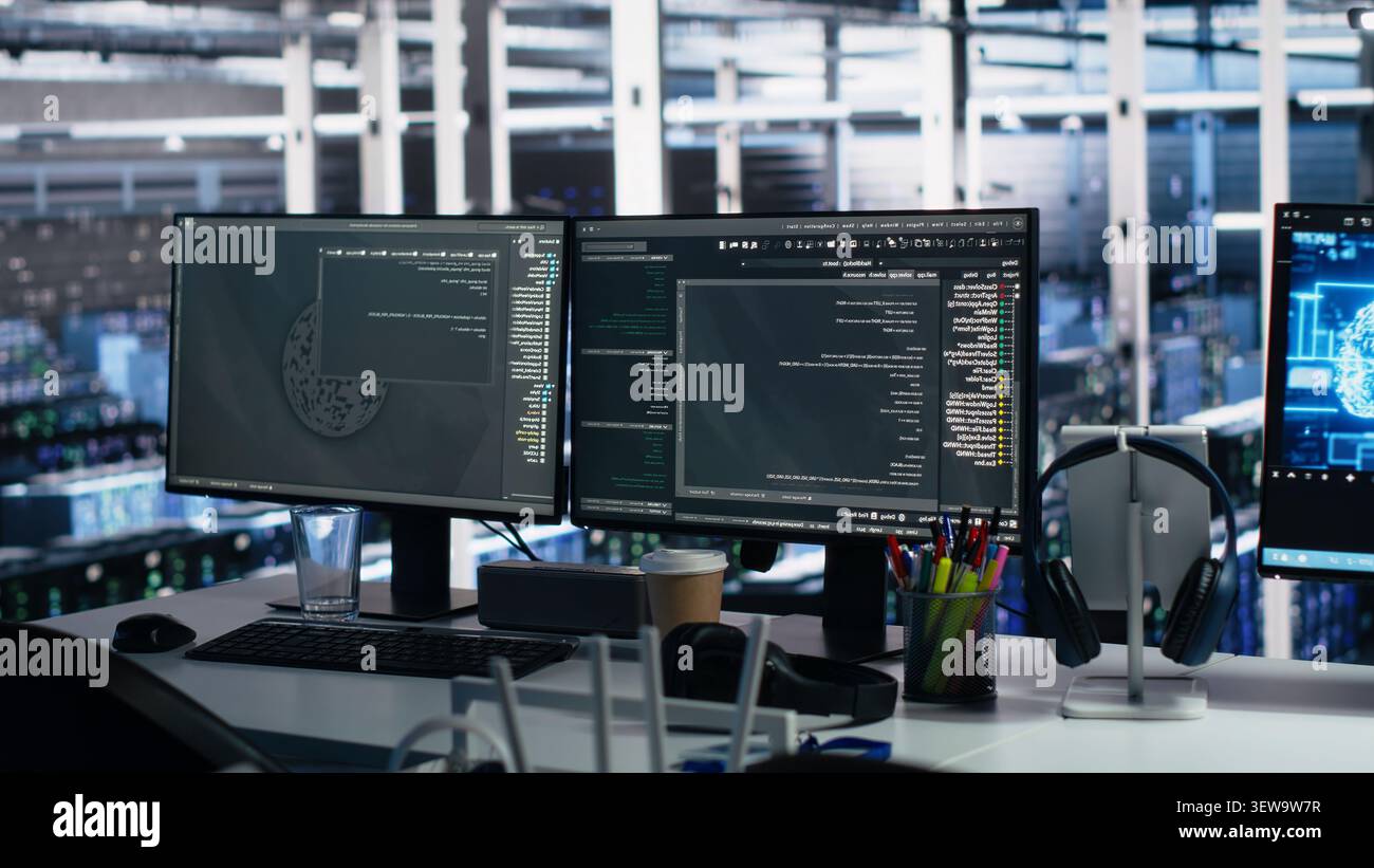 Server room PC screens track mainframe processing and machine learning datasets for AI operations. Stock Photo