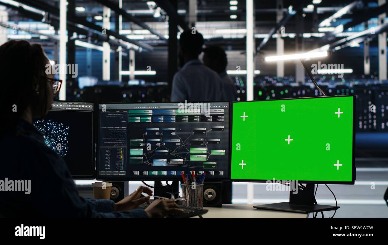 Data center technician uses node tree software to identify equipment performance issues and data patterns. Stock Photo