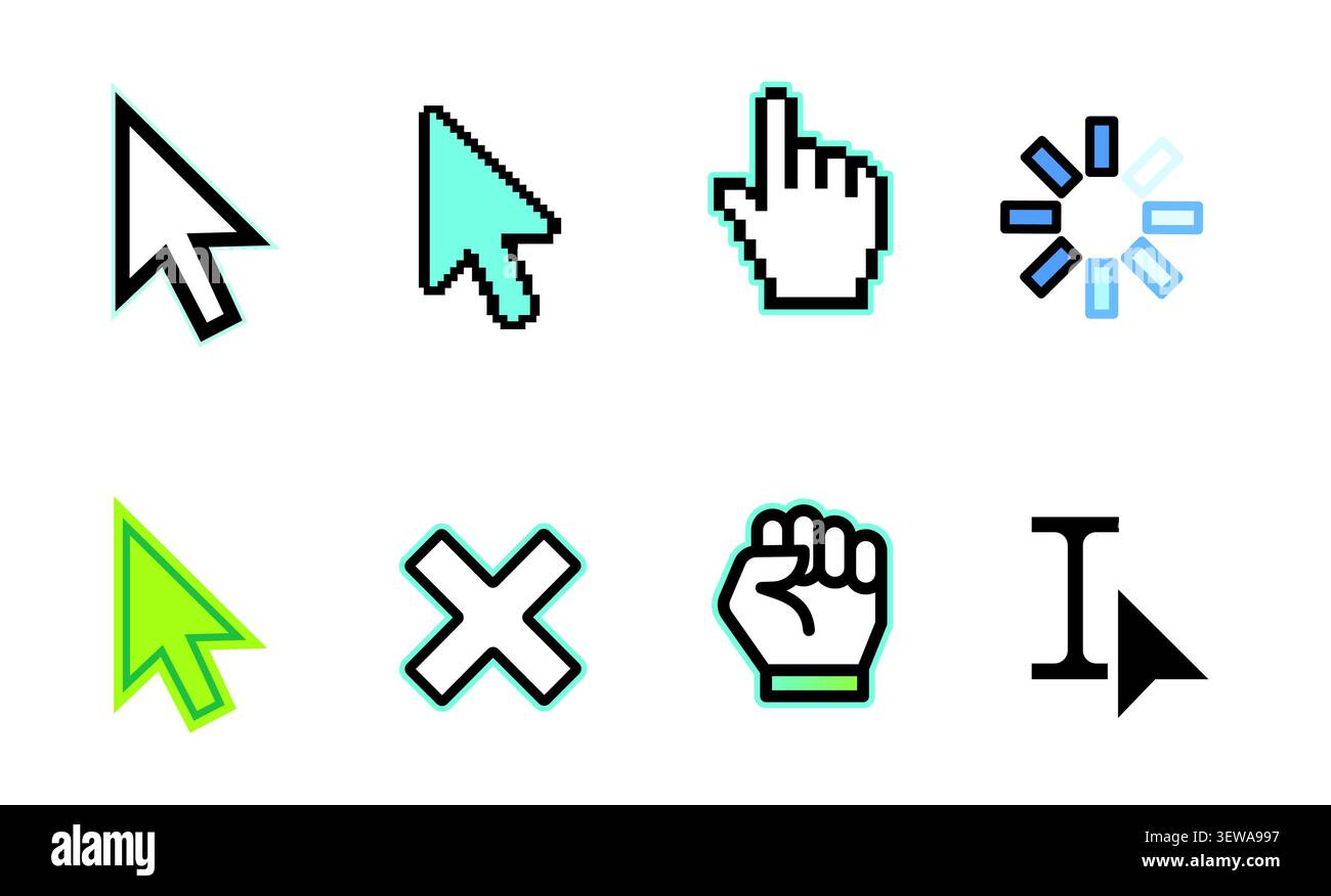 Mouse cursor and pointer pixel icon set with click, loading and interface symbols vector Stock Vector
