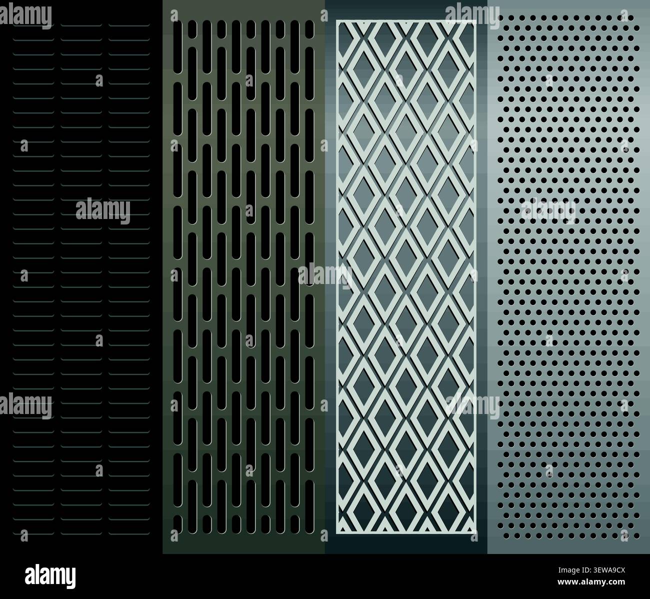 Decorative metal grille pattern set with perforated laser cut panel vector collection Stock Vector