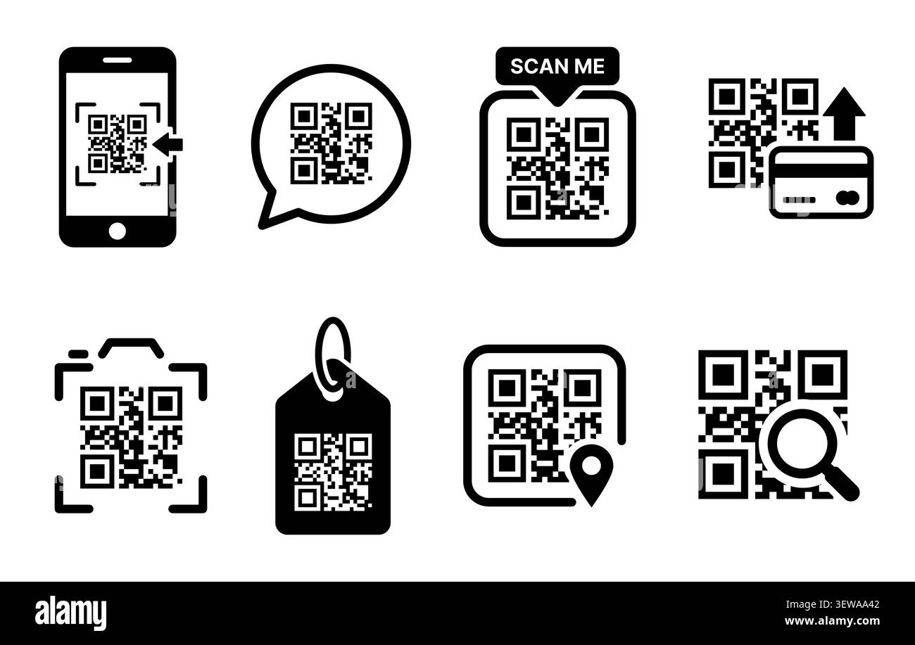QR code icon set with mobile scan, payment and barcode scanner symbols vector Stock Vector