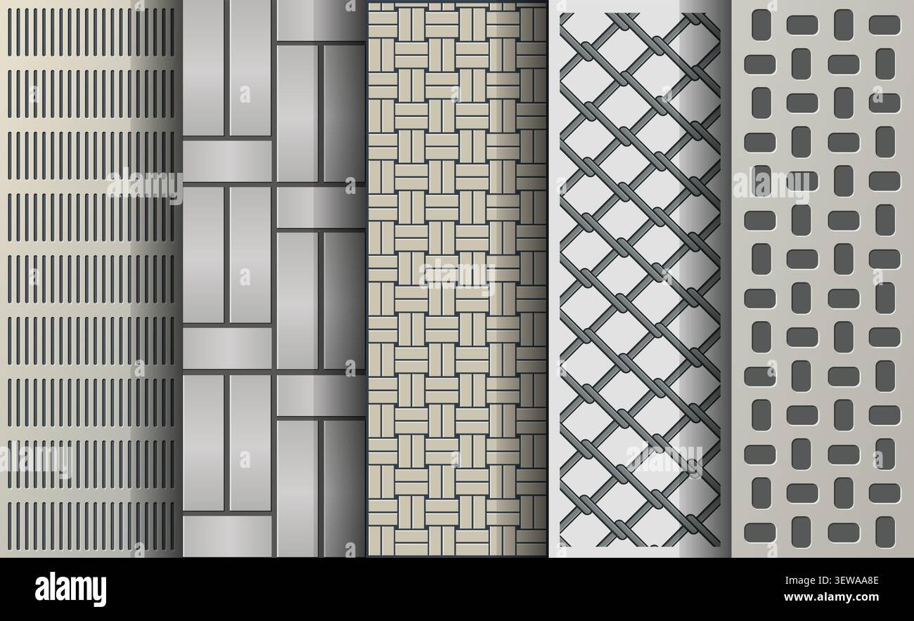 Decorative metal panel pattern set with perforated grille and geometric screen vector Stock Vector