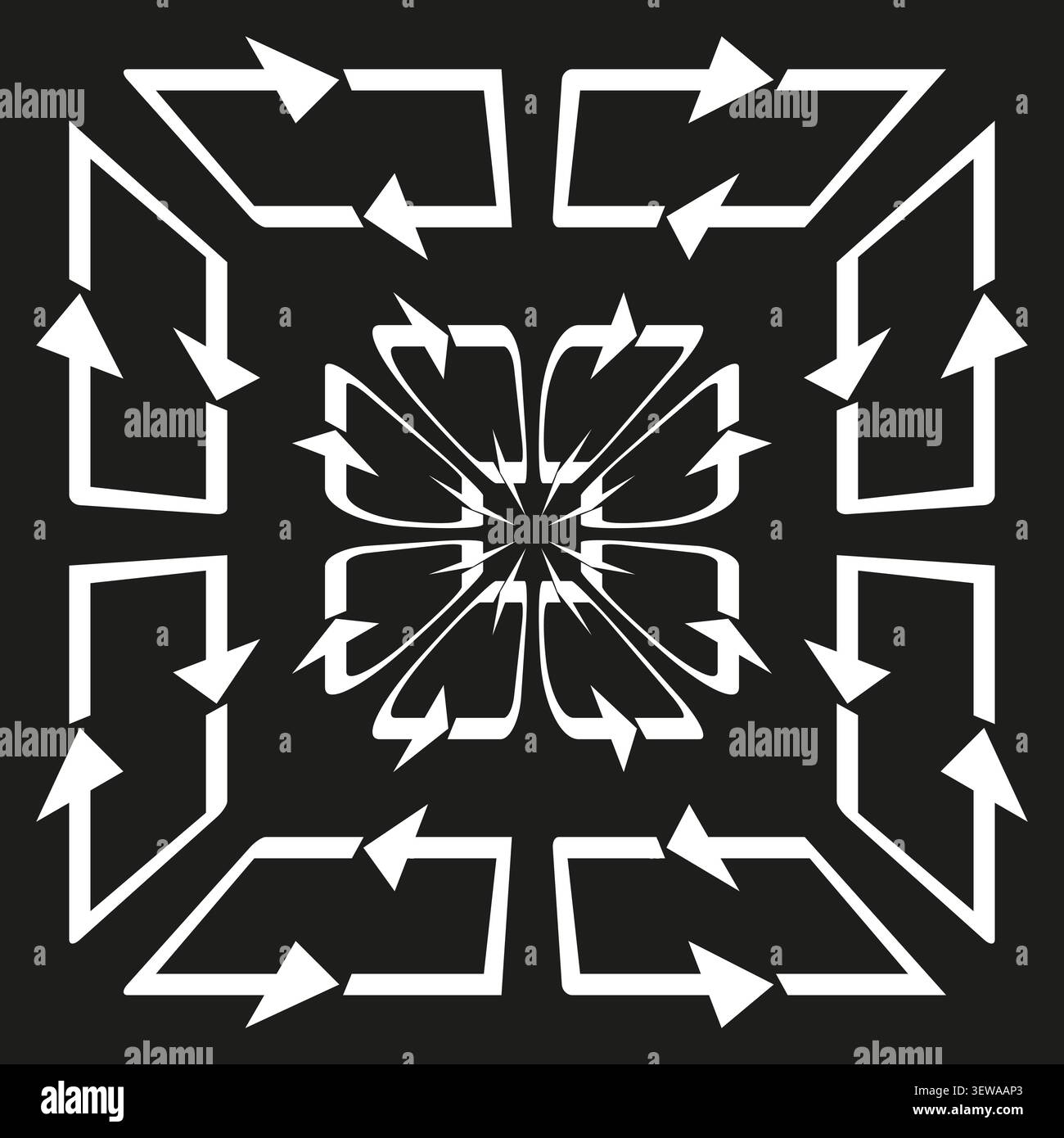 Square arrow loop mandala feature black vector pattern. This geometric rotation sync complements abstract flow charts. eps 10 Stock Vector