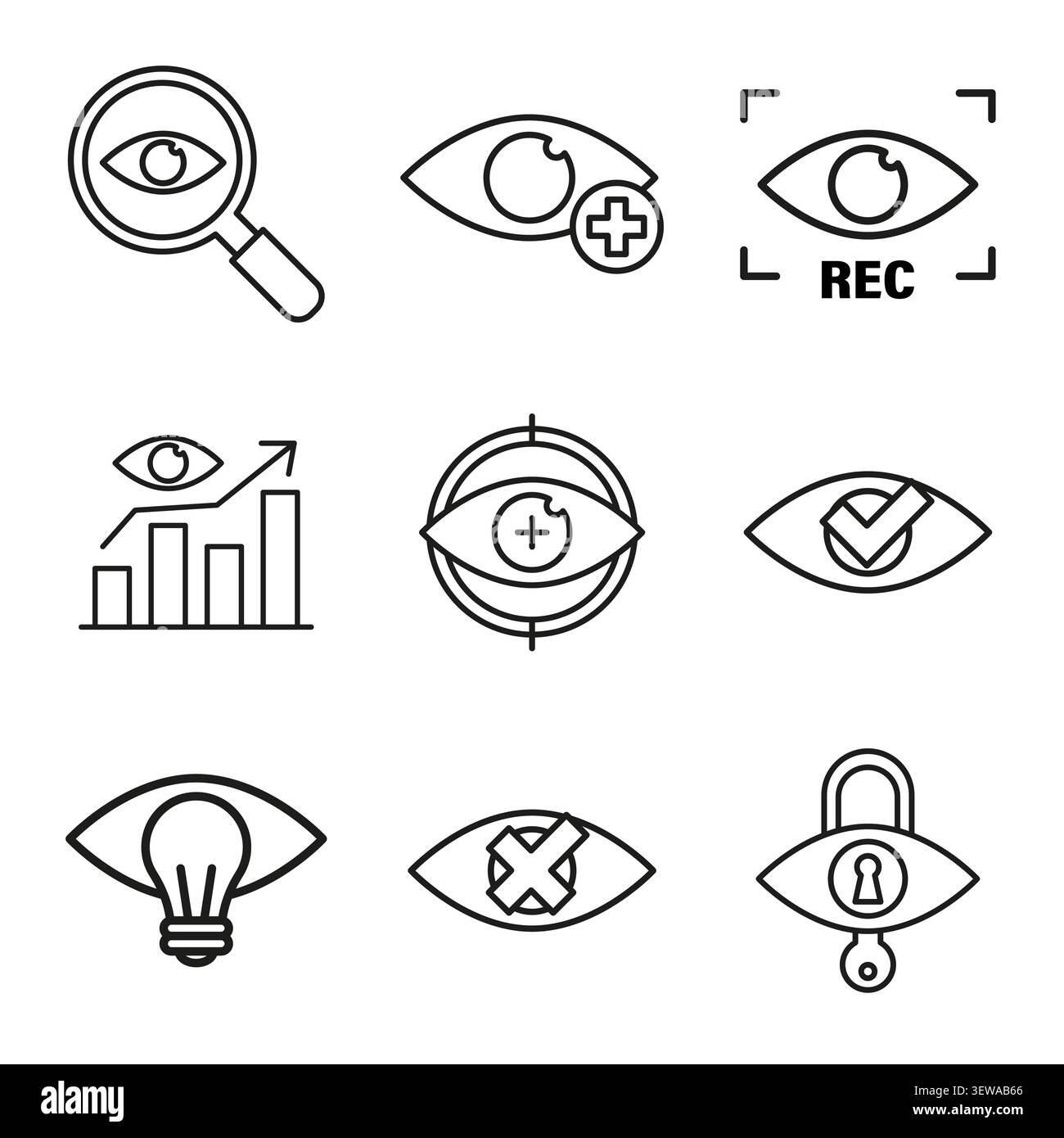 Eye vision interface set features black vector icons. It complements digital security and web analytics designs. eps 10 Stock Vector