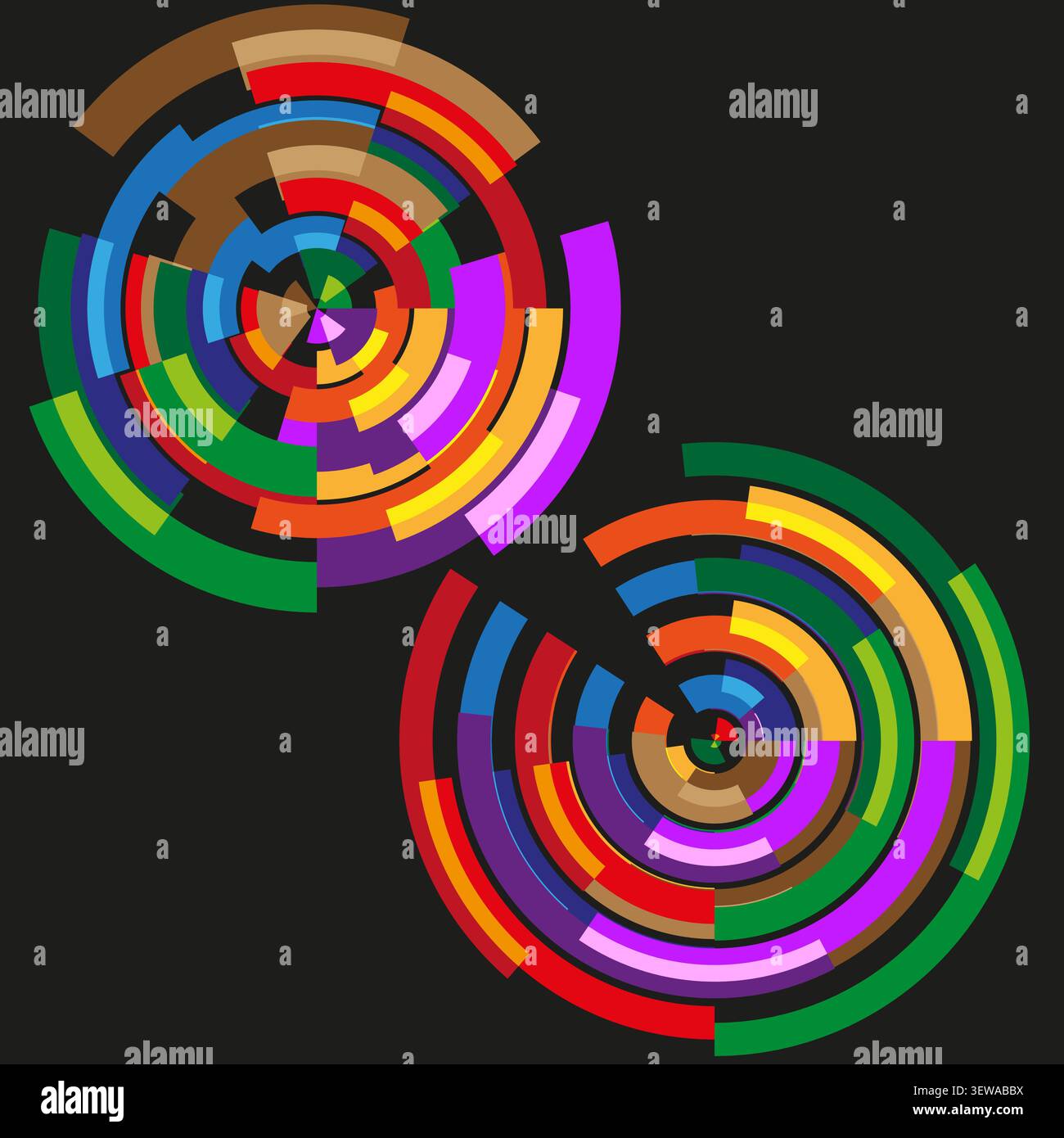 Concentric circle arch rainbow feature colorful vector set. This geometric rotation visualizes abstract modern backdrops. eps 10 Stock Vector