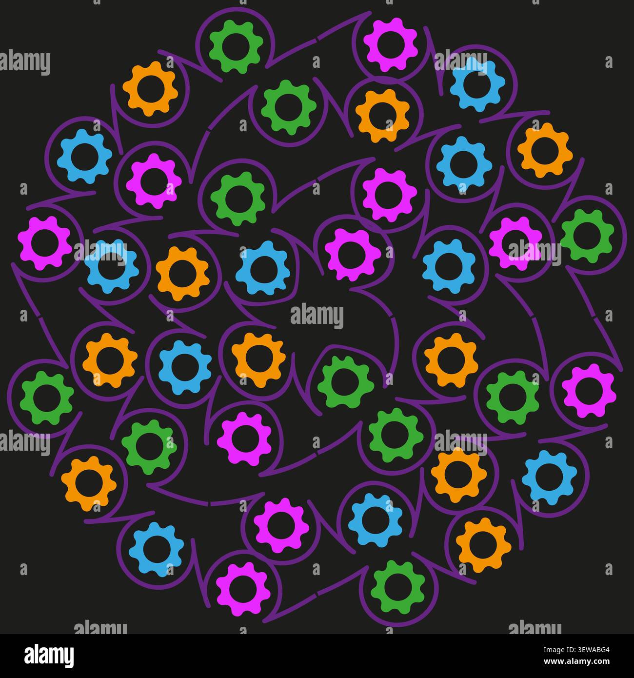 Spiral gear wheel feature colorful vector pattern. This geometric machine vortex visualizes modern mechanic tech backgrounds. eps 10 Stock Vector