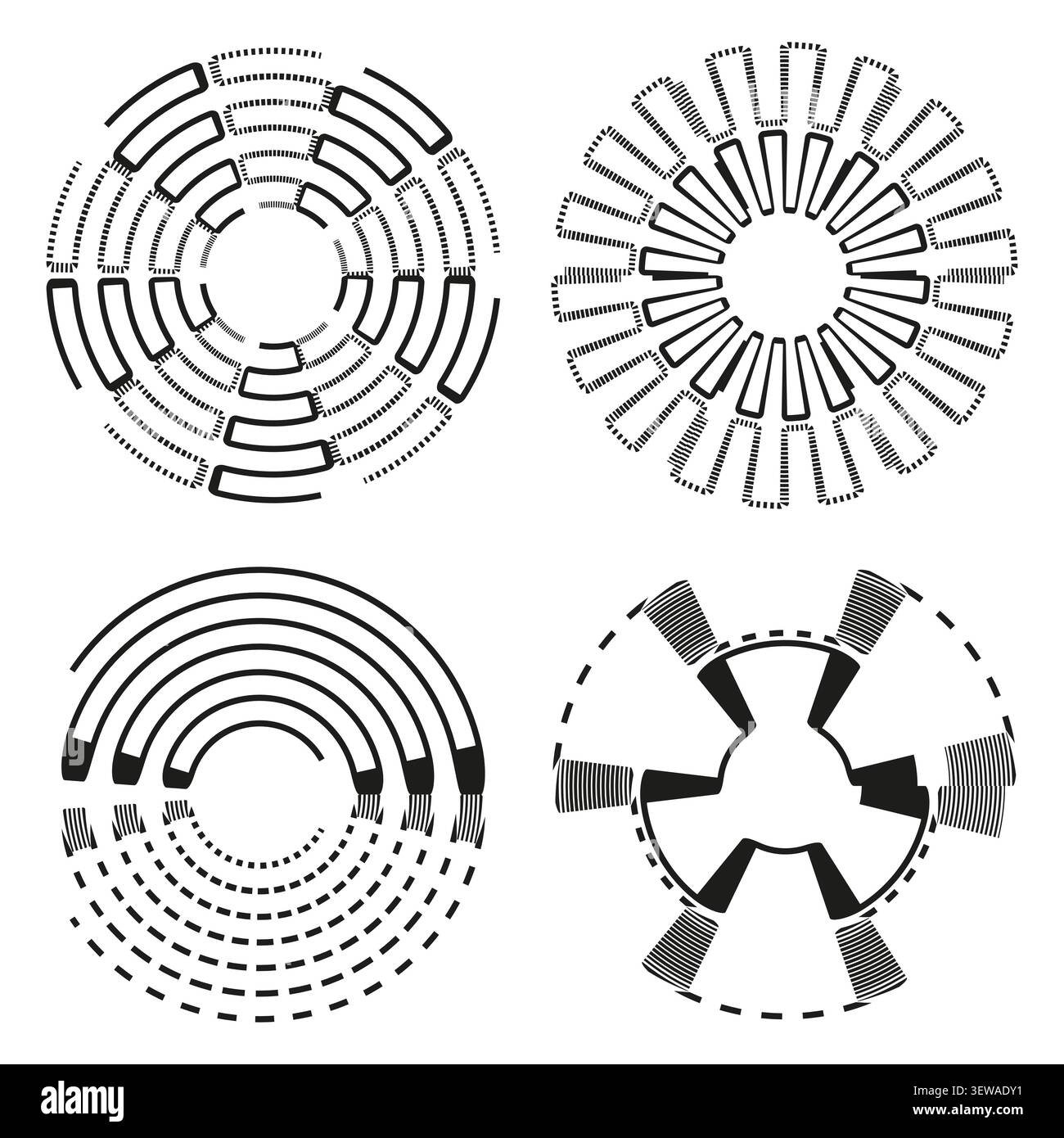 Concentric dashed circle feature black vector collection. This abstract geometric labyrinth highlights simple modern tech layouts. Stock Vector