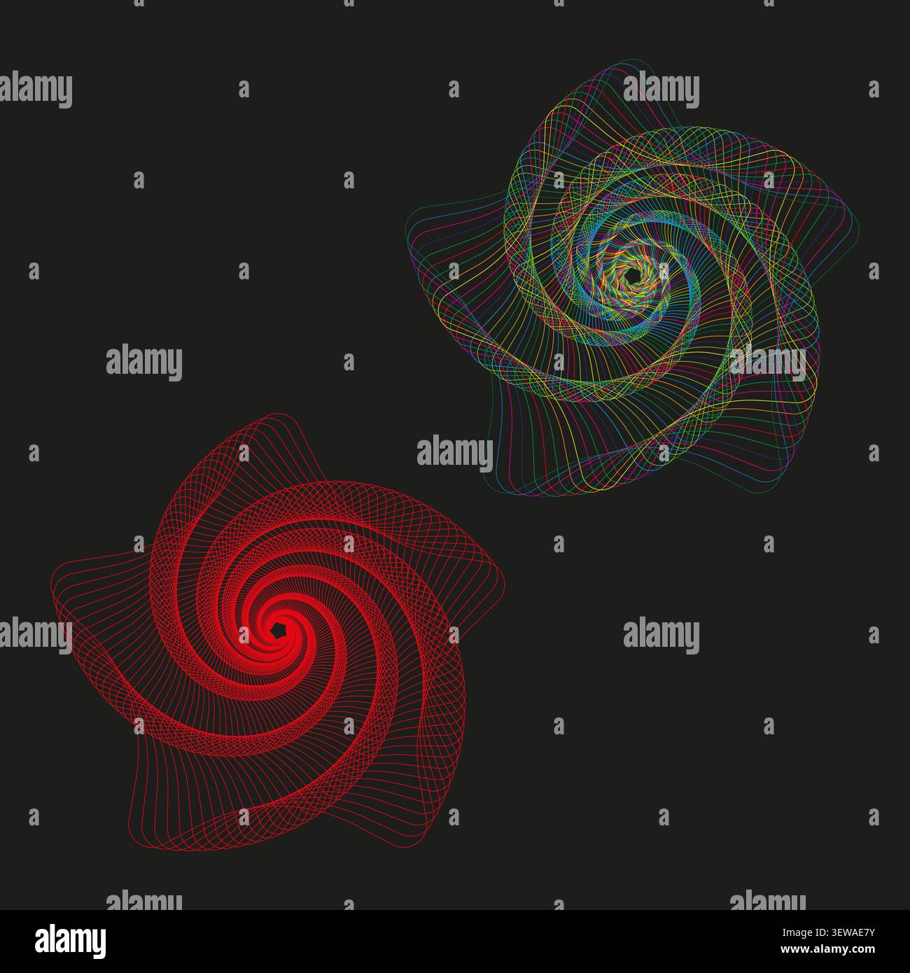 Wireframe spiral mesh feature thin vector set. This abstract geometric vortex visualizes modern tech space backgrounds. Stock Vector