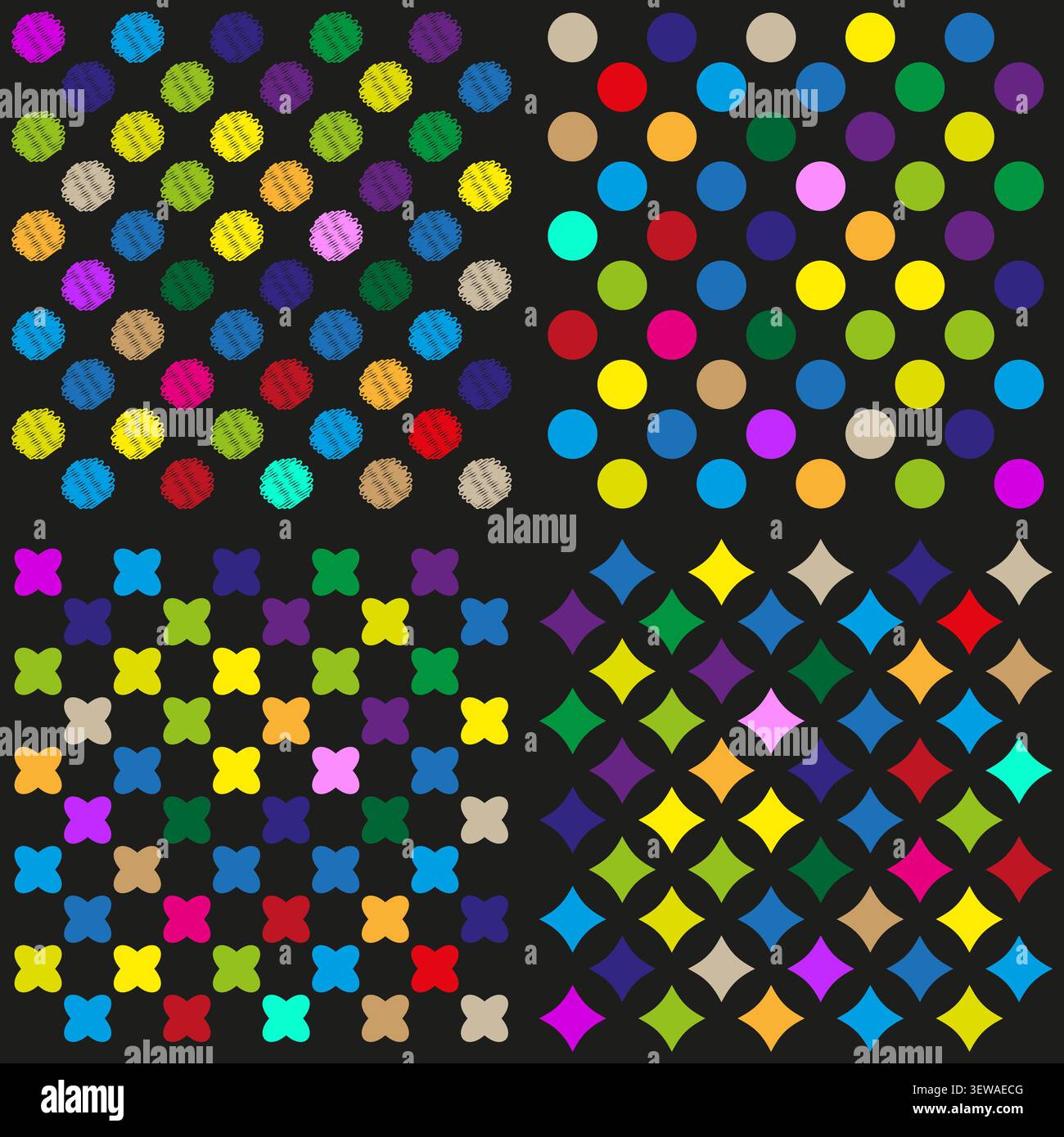 Geometric dot cross feature colorful vector pattern. This abstract star grid visualizes simple modern art layouts. Stock Vector