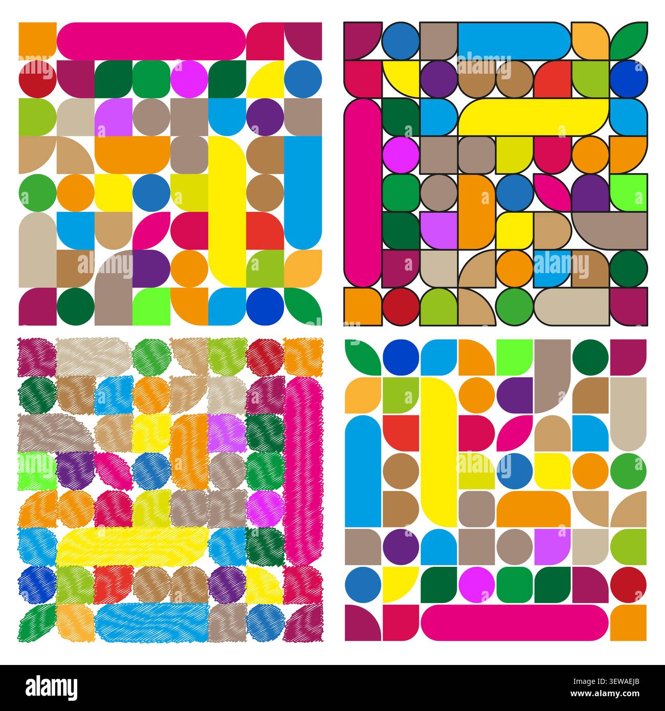 Mosaic tile square patchwork feature colorful vector set. This geometric pattern represents modern art backdrop decorations. Stock Vector