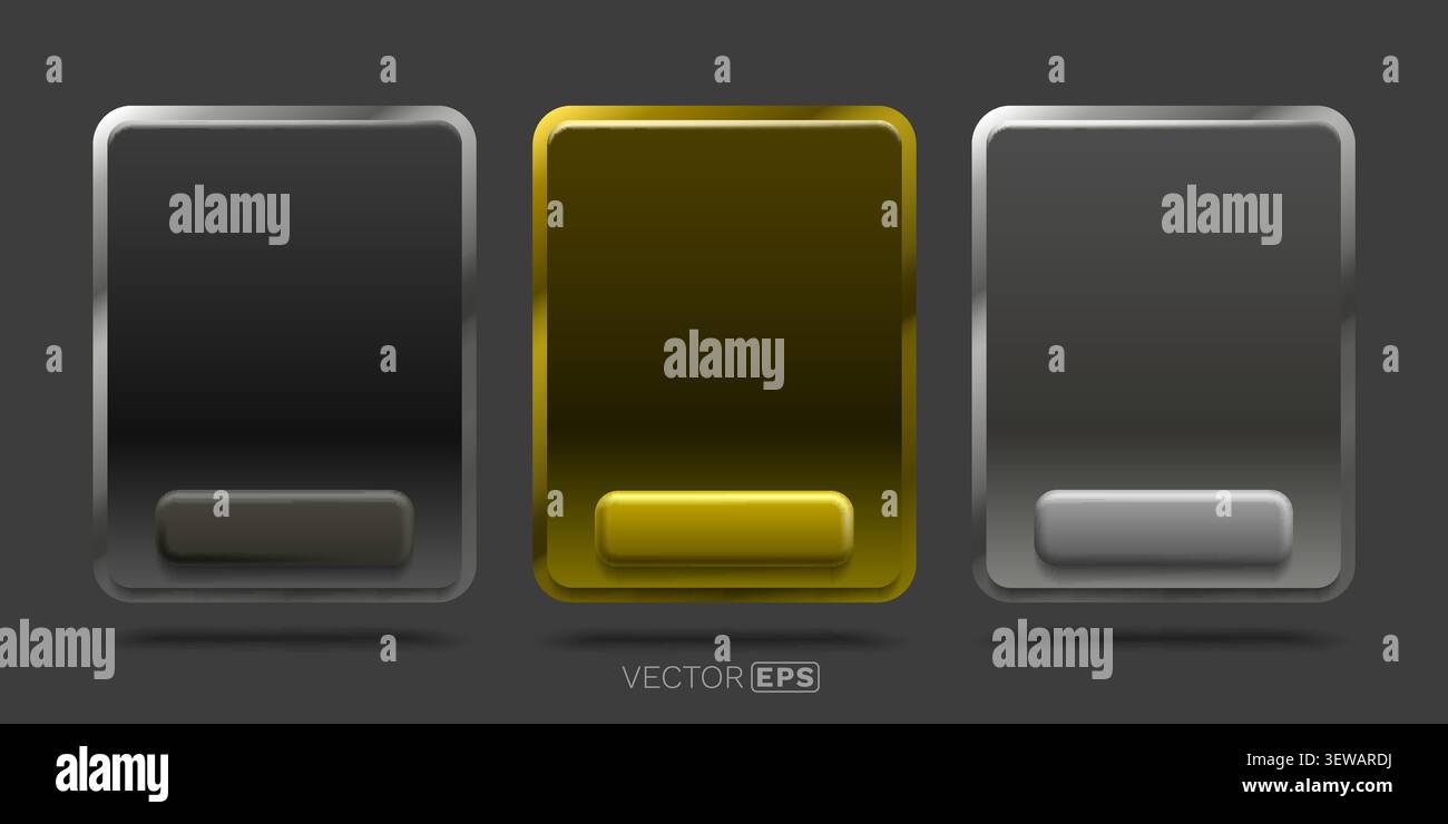 Modern UI frames with glossy metallic design and button elements, featuring sleek, rounded rectangular shapes. Vector illustration. Stock Vector