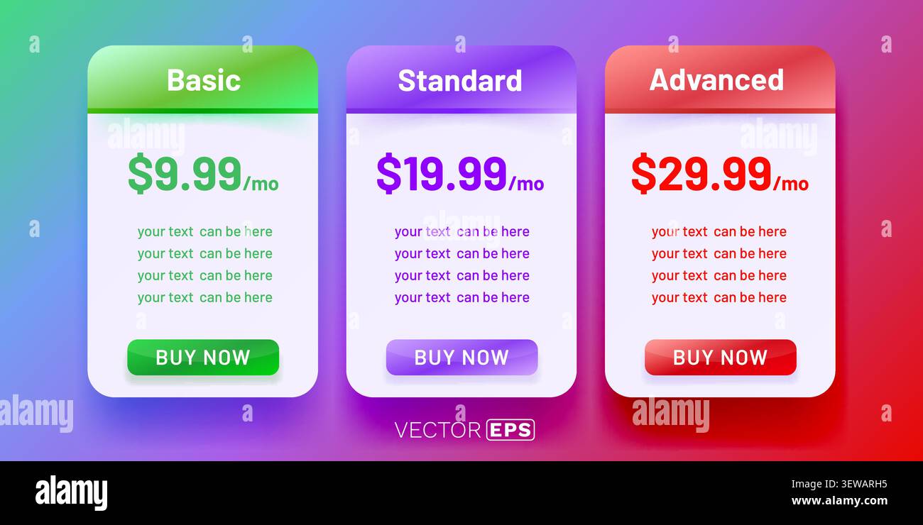 Three modern pricing plan tables Basic, Standard, and Advanced. Perfect for web and app design. Vector illustration. Stock Vector