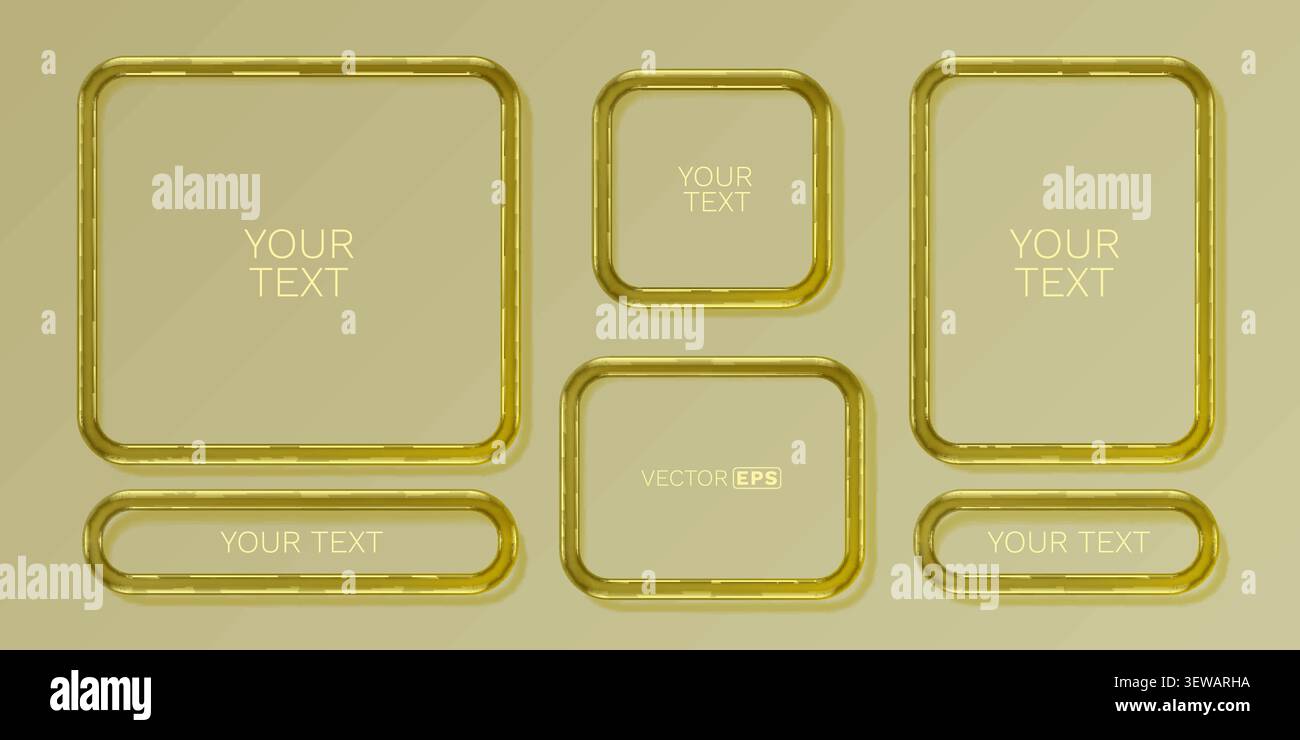 Elegant golden 3D frames with rounded corners for text or display. Versatile luxury design element. Vector illustration. Stock Vector