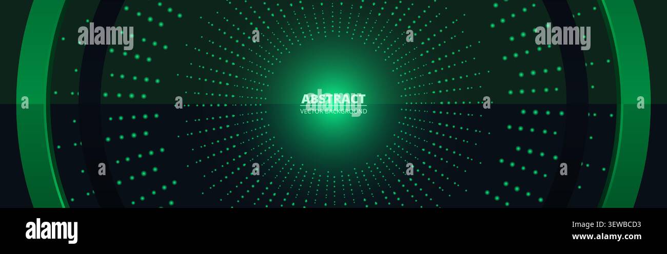 Abstract green dotted radial tunnel background with glowing center, concentric arcs, and symmetrical futuristic light pattern for technology, digital Stock Vector