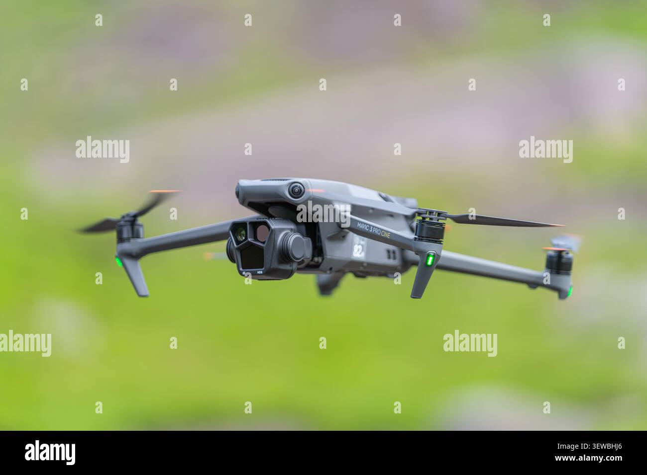 Drone hovering in flight, DJI Mavic 3 Pro Cine capturing aerial imagery. Stock Photo
