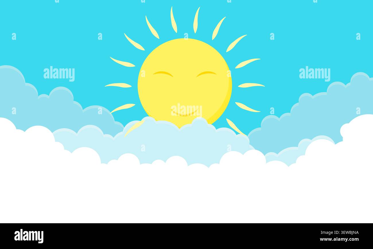 Cheerful Cartoon Sun Peeking Behind Fluffy Clouds Stock Vector