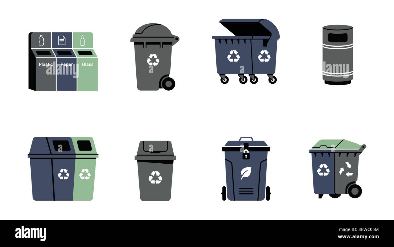 Recycling bin icon set with waste sorting and garbage container symbols vector Stock Vector
