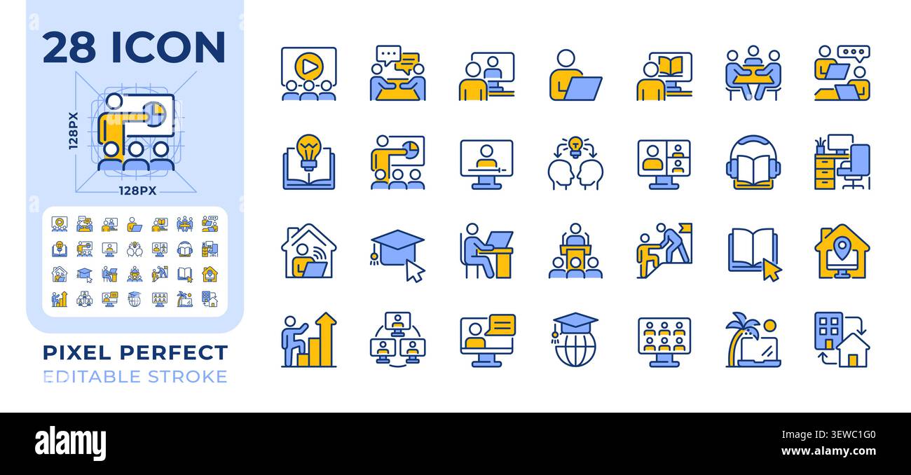 Online learning pixel perfect line color icons set Stock Vector