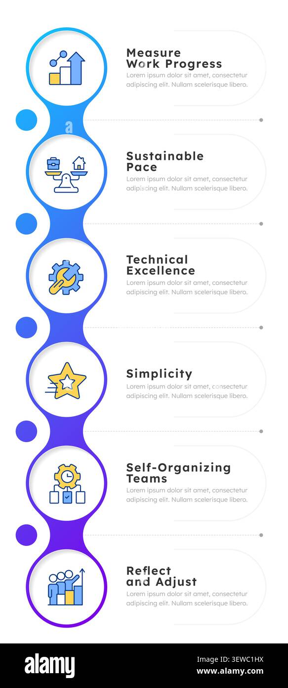 Core agile management principles infographic 6 steps Stock Vector