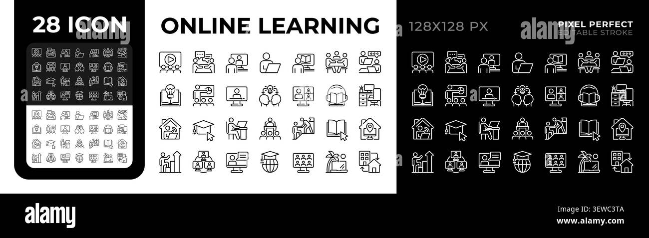 Online learning pixel perfect black and white line icons set Stock Vector