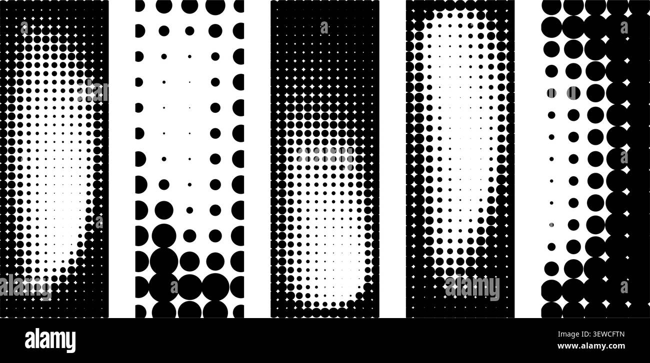 Set of vertical monochrome halftone dot patterns and textures vector asset Stock Vector