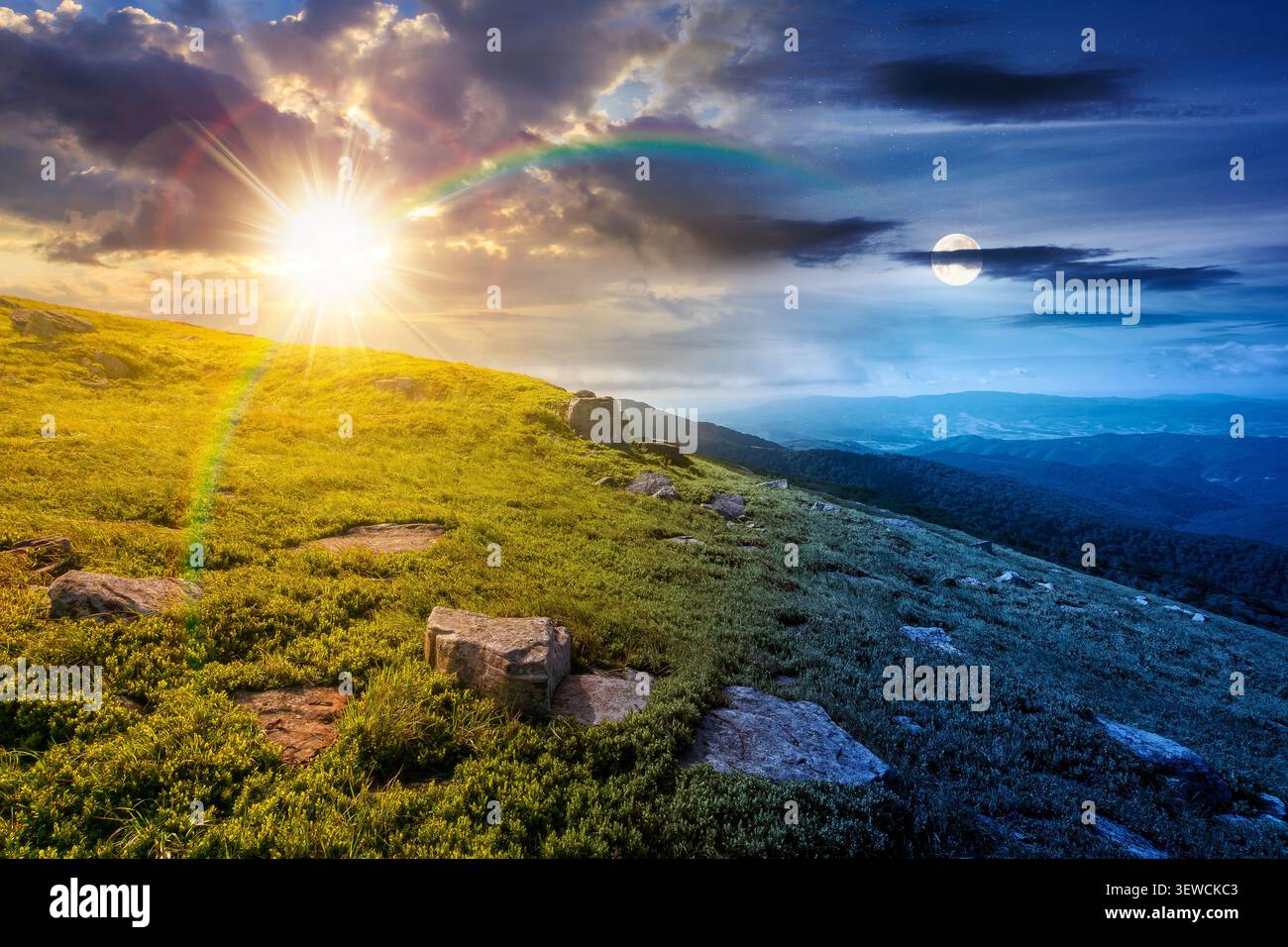 nature scenery with mountain under summer sky. day meet night. sun and moon over alpine landscape of carpathian mountain with grassy slopes. low fluff Stock Photo