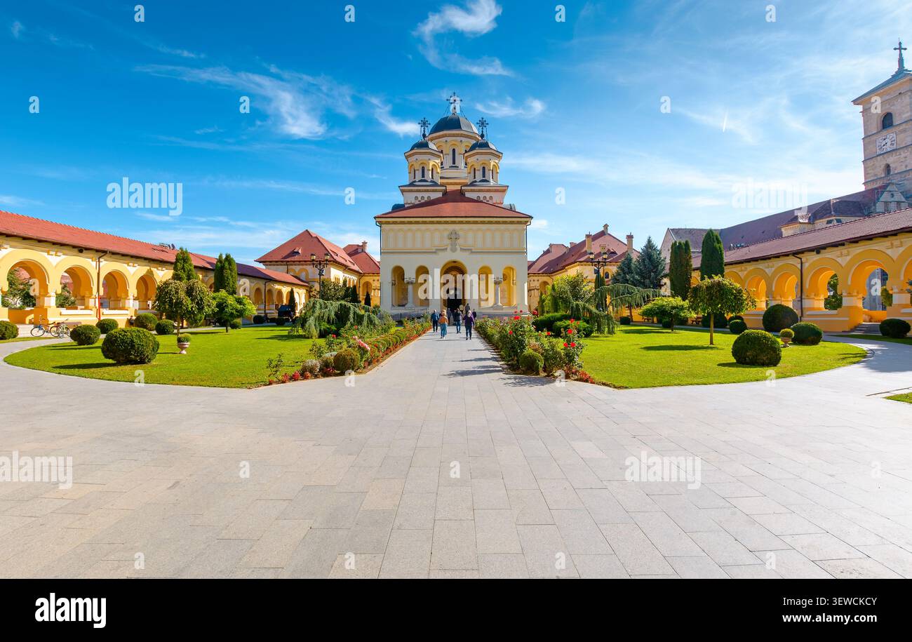 alba iulia, romania - 13 oct 2019: coronation cathedral. holy trinity romanian orthodox cathedral located in alba iulia citadel. sunny autumn day. pop Stock Photo