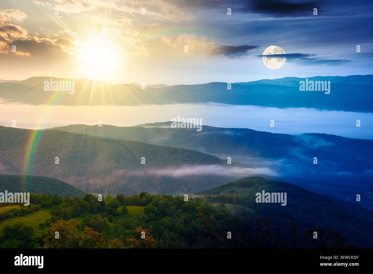 day meet night. foggy carpathian countryside on summer solstice. view of mountainous landscape with rural fields on rolling hills. sun and moon over f Stock Photo