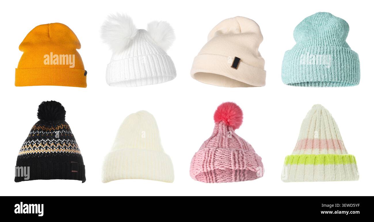 Different knitted hats isolated on white, set Stock Photo