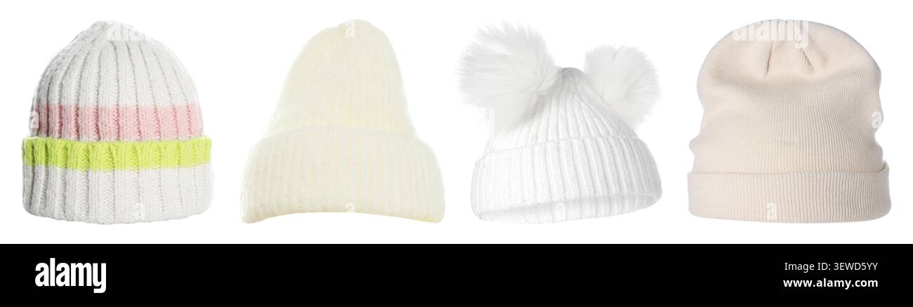 Different knitted hats isolated on white, set Stock Photo