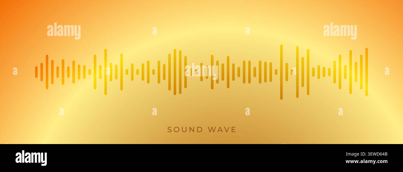 Abstract golden sound wave design with vertical audio bars, warm yellow and orange gradient glow, centered composition, modern technology style, music Stock Vector