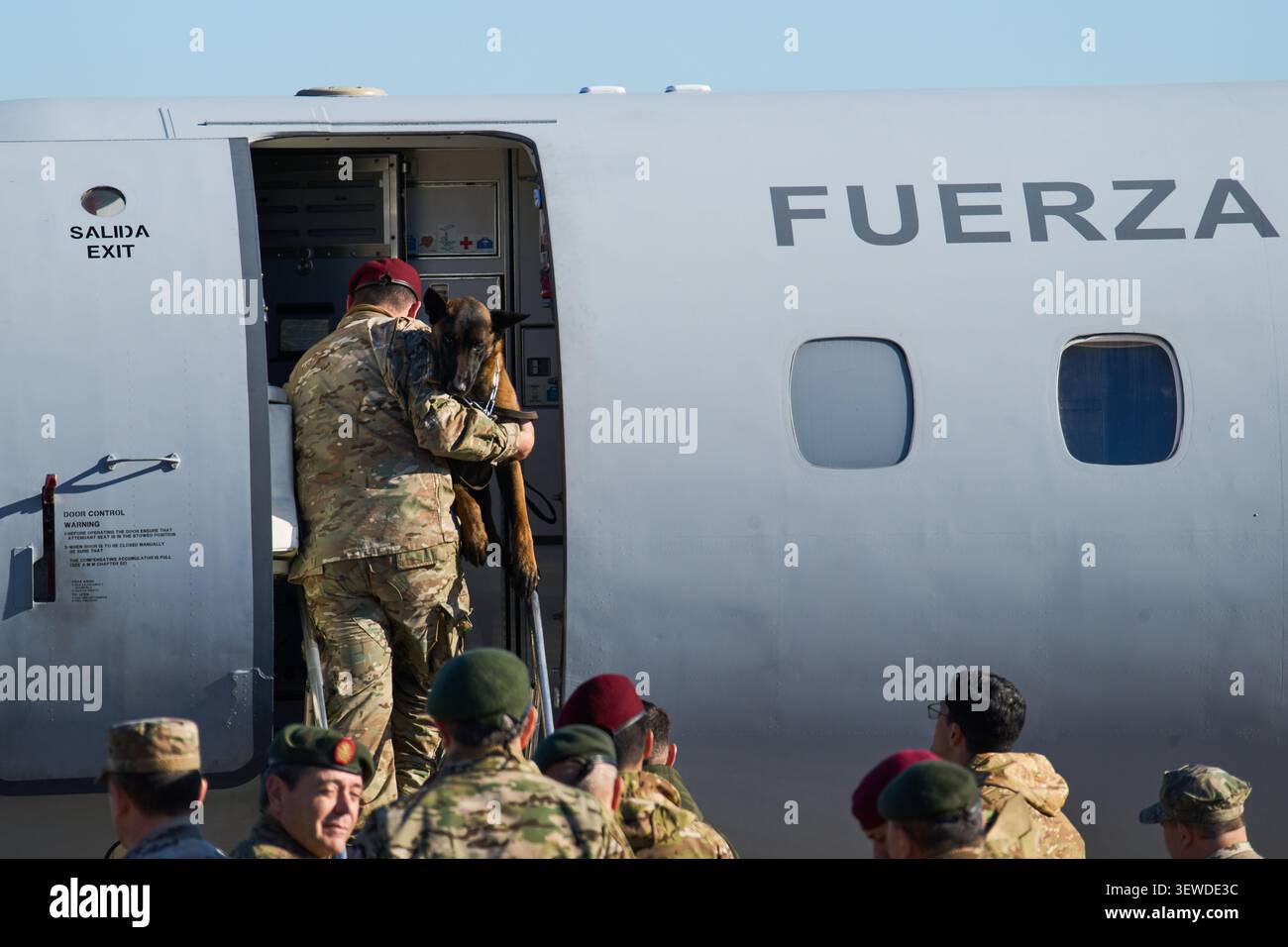 A soldier carries a search and rescue dog onto a plane before departing ...