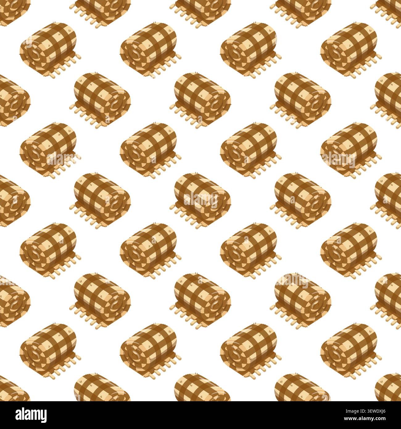 Seamless pattern with rolled checkered picnic blankets on white background. Vector leisure background.  Stock Vector