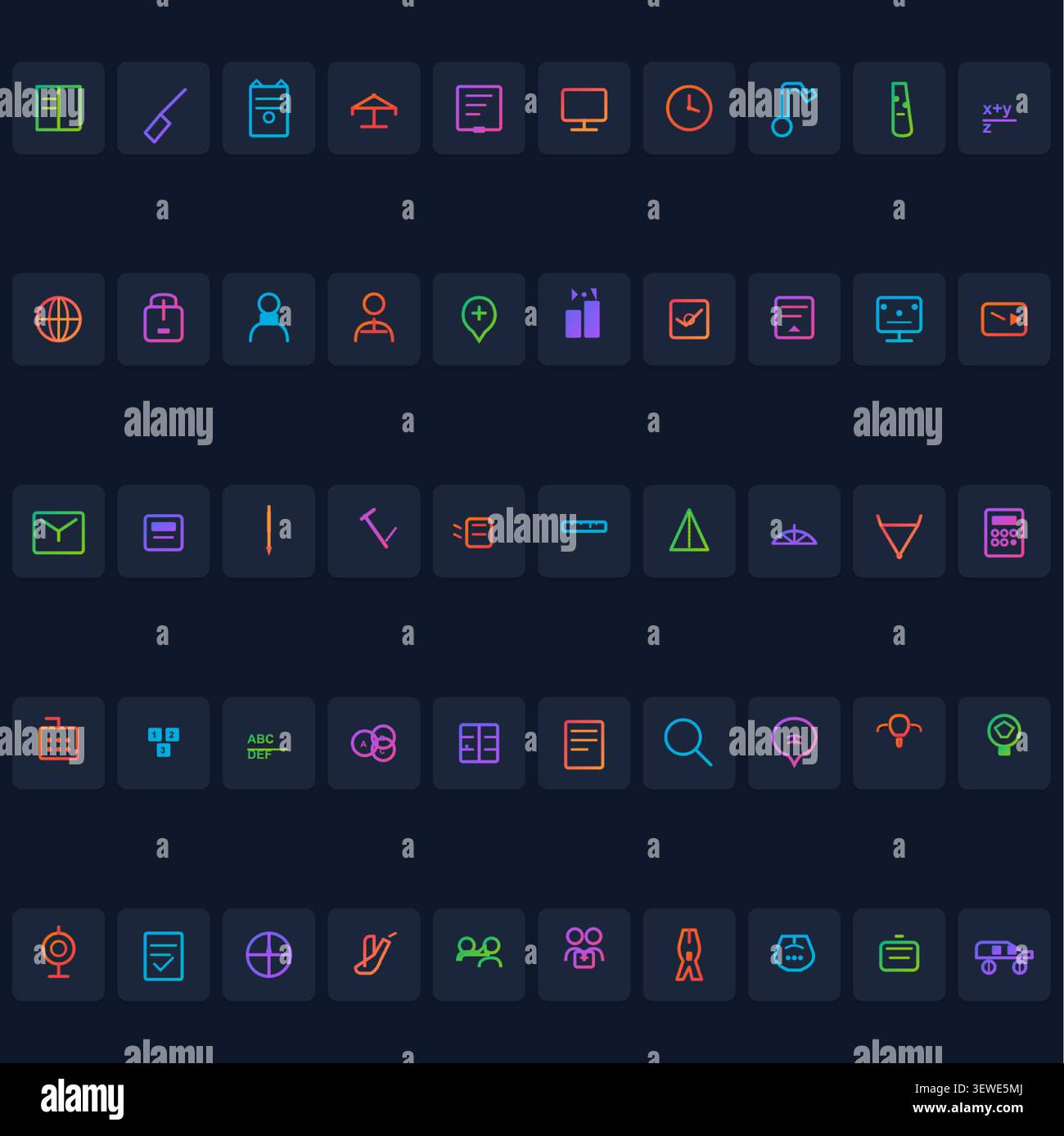 Comprehensive Education & E-learning Icon Pack – Gradient Outline Icon Pack – Dark Edition Stock Vector