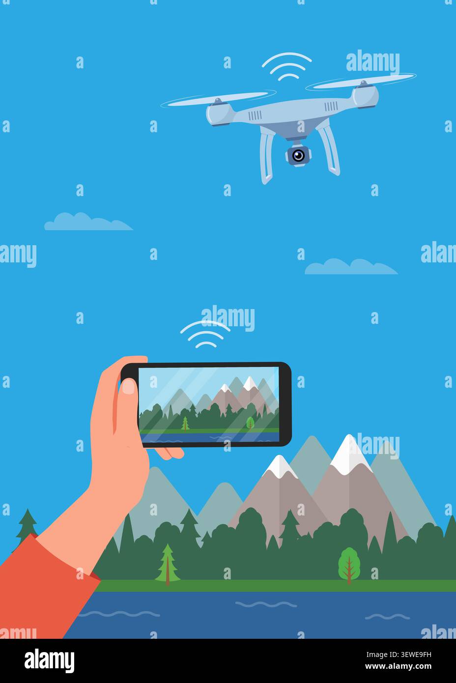 A drone captures scenery while a hand holds a smartphone displaying live view, showing remote control and aerial recording concept. Stock Vector