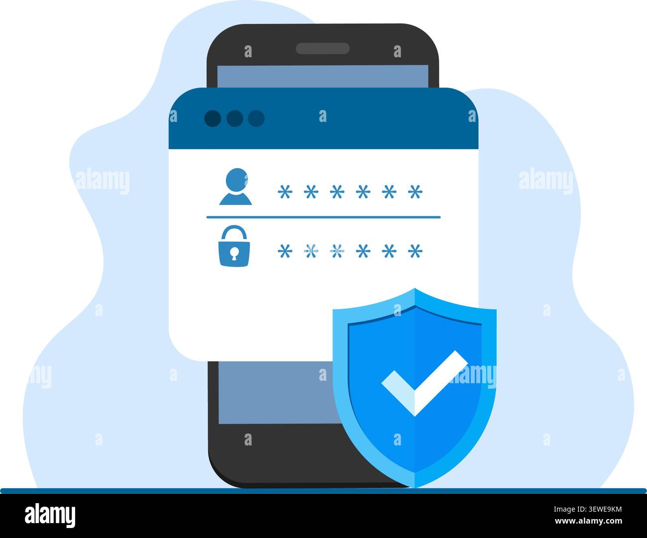 A smartphone displaying a secure login interface with password encryption and a protective shield for data safety. Stock illustration. Stock Vector
