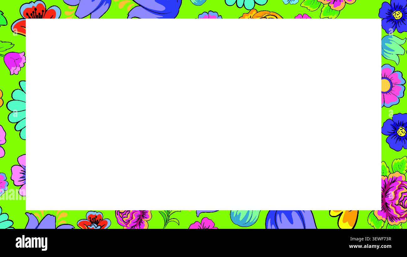 Vibrant Otomi style botanical vector frame with multicolored flowers around a white rectangular center. Stock Vector