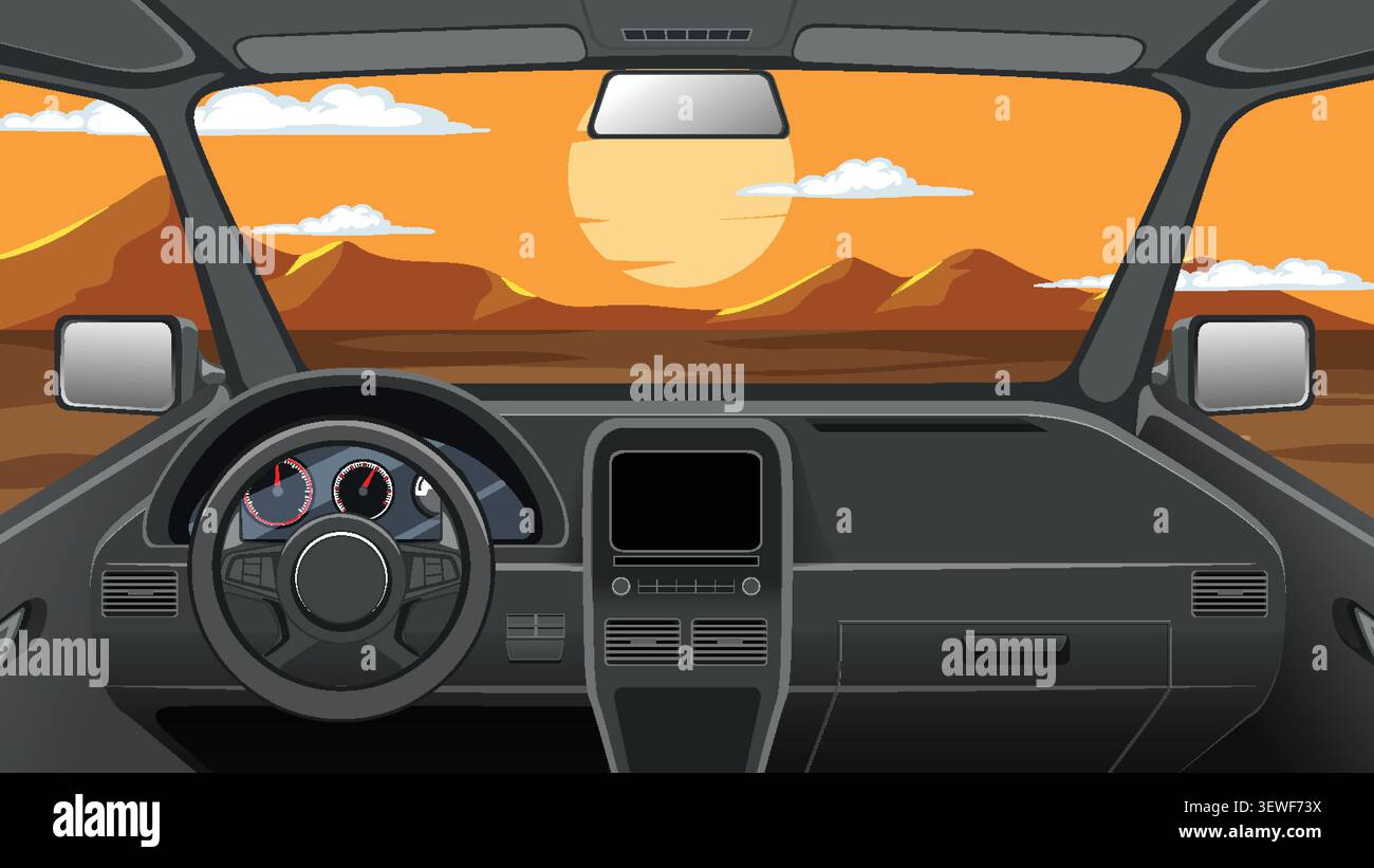 Flat vector illustration showing a vehicle dashboard overlooking a desert mountain range at sunset. Stock Vector