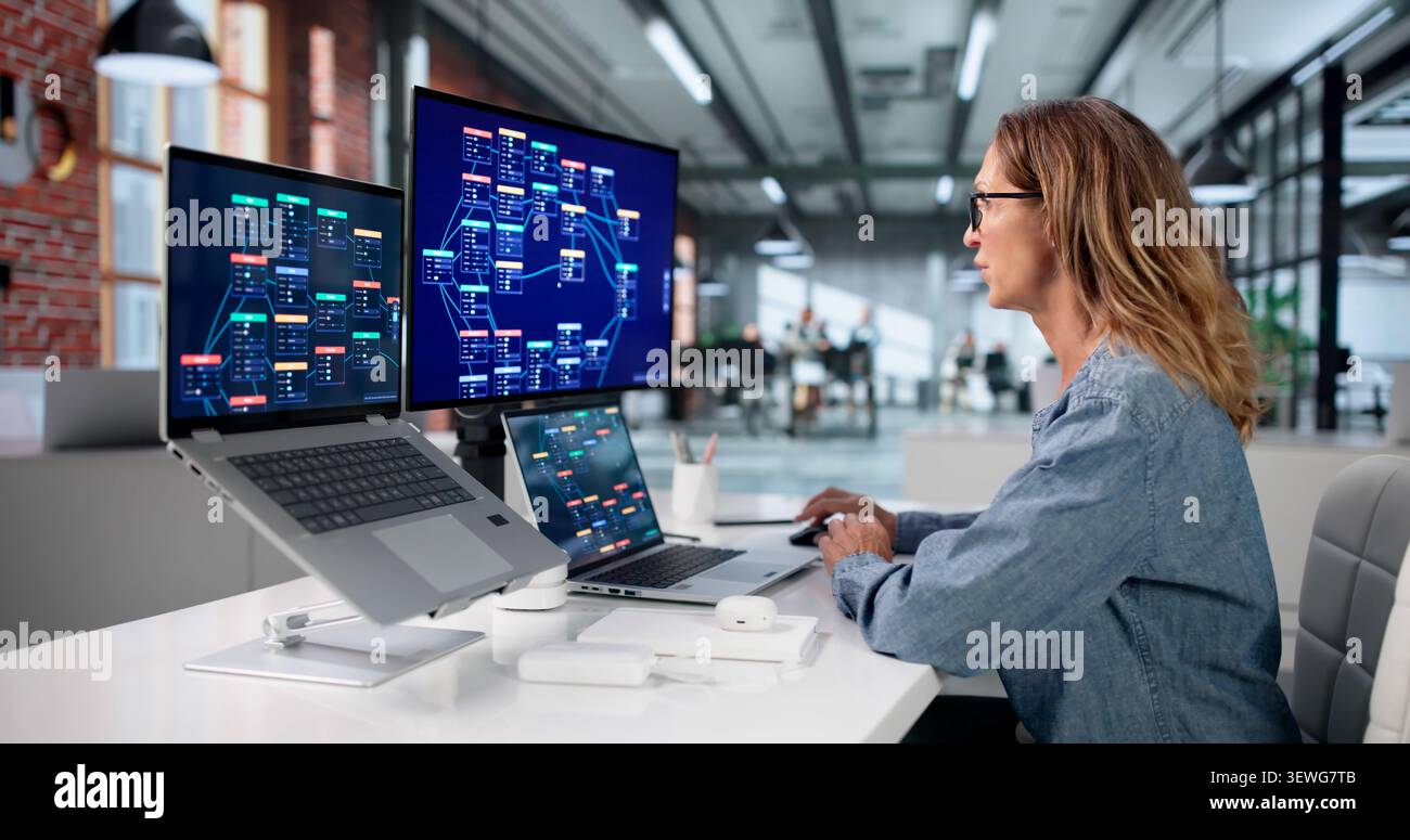 Mature Woman Builds Workflows Using Low Code Platform On Laptop. Stock Photo
