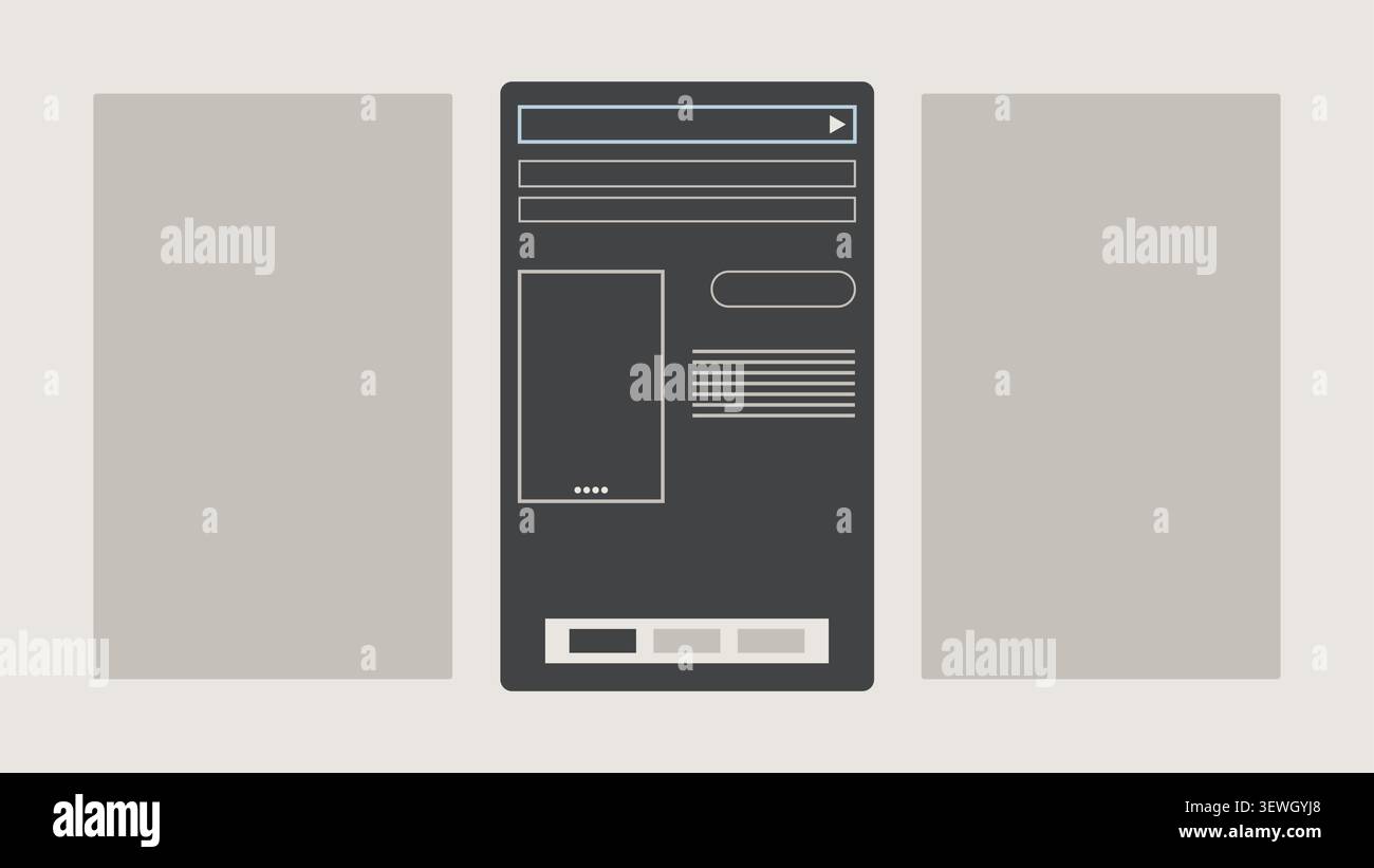 Vector illustration of a website template with a gray workspace, windows, search bar, and UI elements on a light beige background Stock Vector