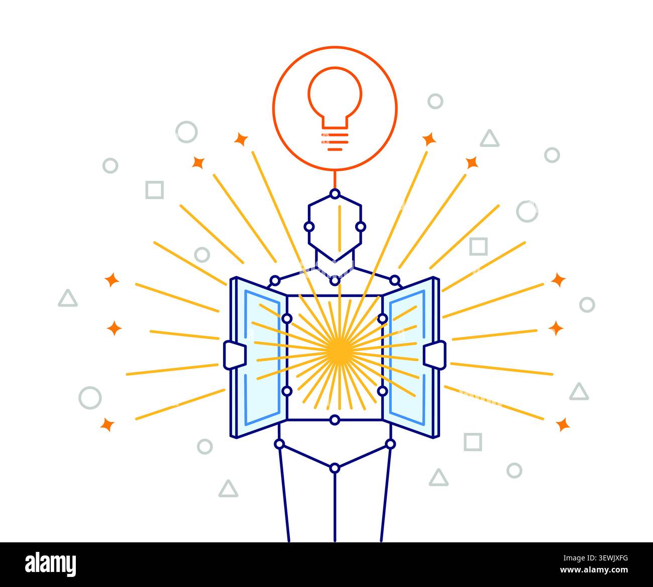 Artificial Intelligence Learning Concept with Robot Reading Book and Idea Lightbulb Stock Vector