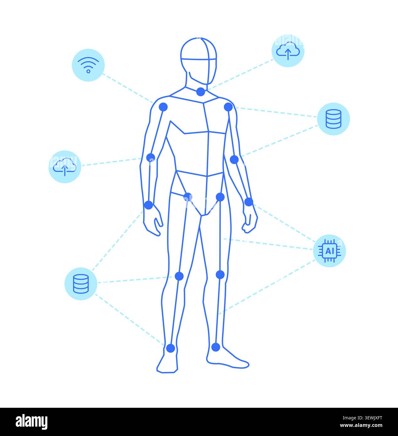 Human body skeleton with digital technology icons, biometric data tracking, motion capture, and artificial intelligence concept Stock Vector