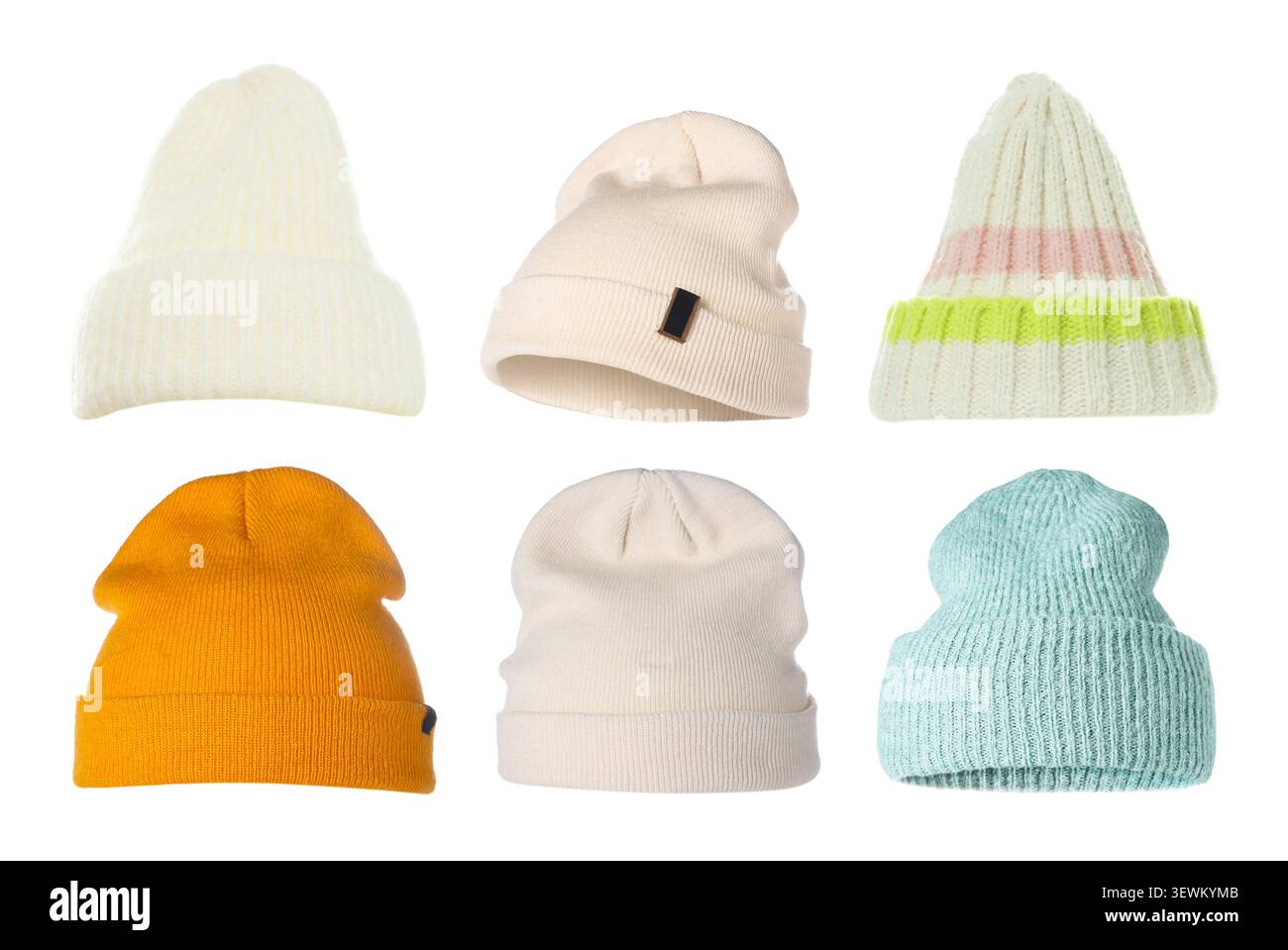 Different knitted hats isolated on white, set Stock Photo