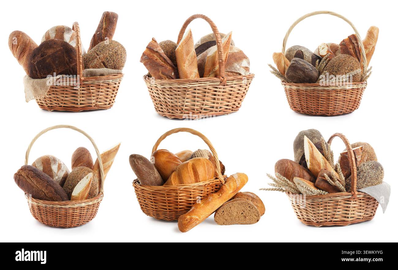 Bread in wicker baskets isolated on white, set Stock Photo