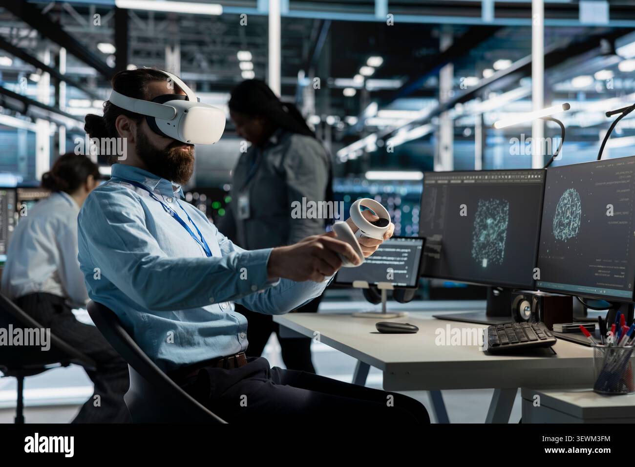Software developer uses a VR headset to inspect AI neural networks and server systems in a high-tech facility. Stock Photo