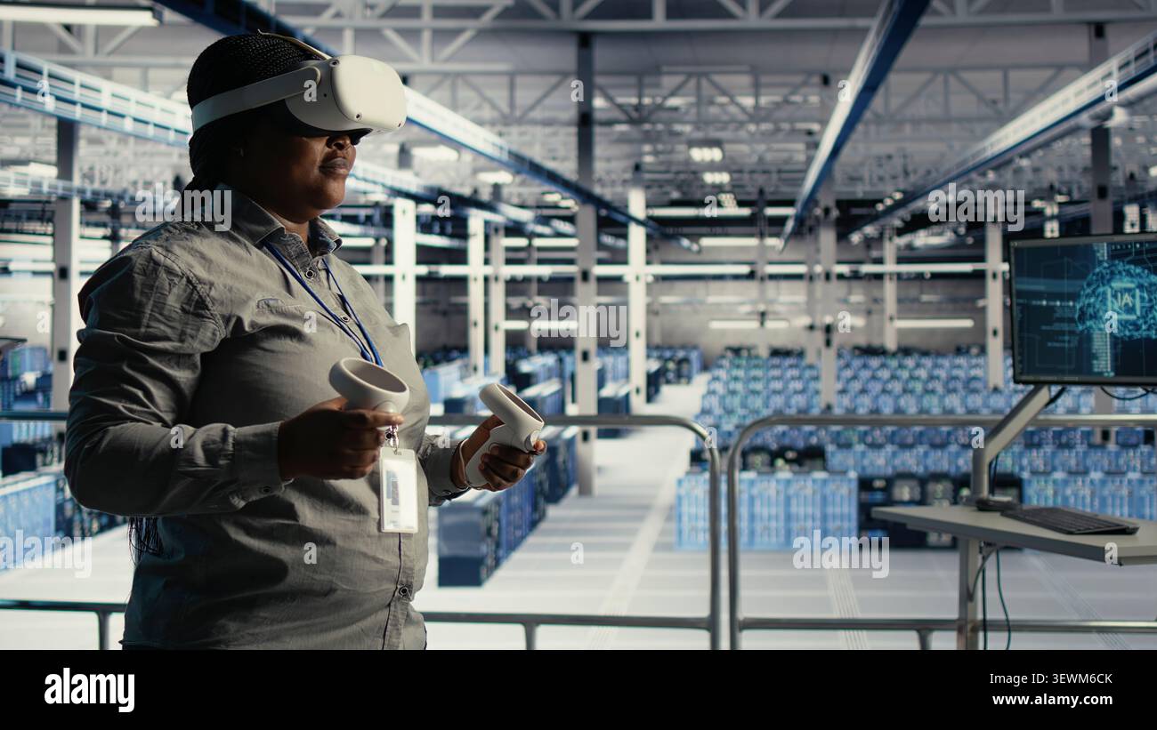Software development team uses tablet-based deep learning tools in a server room to improve AI operations and system efficiency. Stock Photo