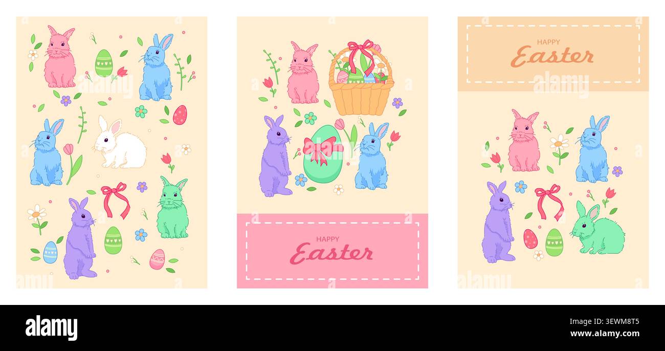 Easter bunnies and eggs cards. Vector illustration Stock Vector