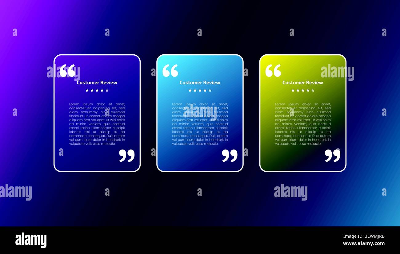 Three different colored testimonial cards on gradient background with feedback Stock Vector