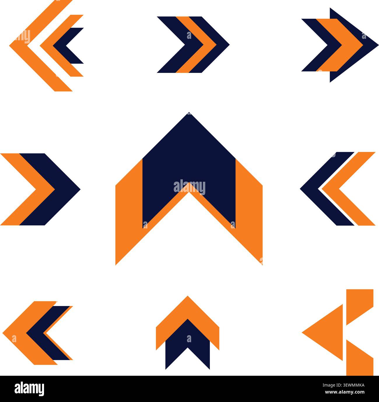 Geometric Arrow Shapes in Orange and Navy Blue for Digital Interfaces and Graphics Stock Vector