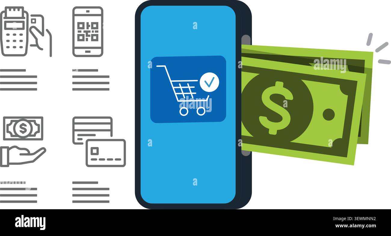 A flat vector illustration showing various electronic payment methods, mobile banking, and digital wallet technology. Stock Vector